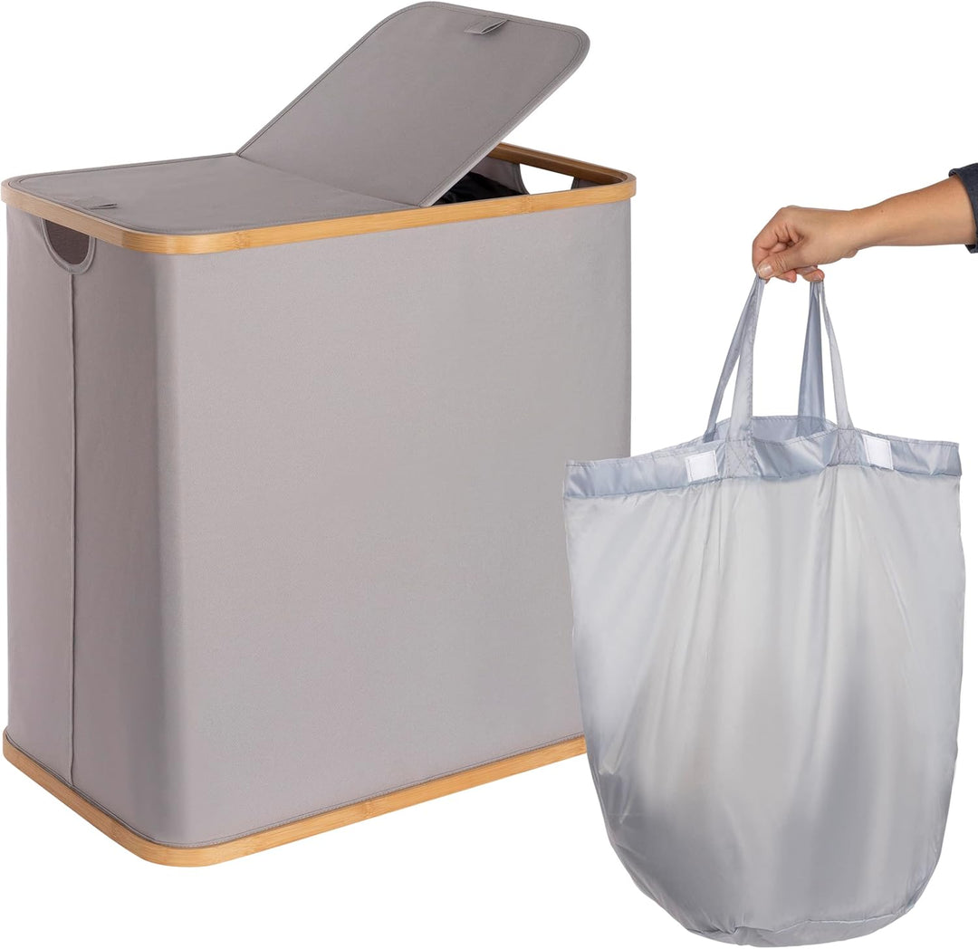 ONVAYA® Wäschekorb mit Deckel | 2 Fächer 100L | Grau | Wäschesammler fürs Badezimmer | Wäschetruhe a