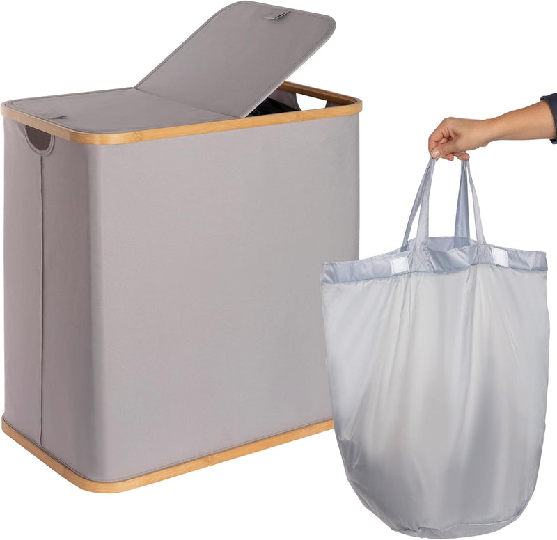 ONVAYA® Wäschekorb mit Deckel | 2 Fächer 100L | Grau | Wäschesammler fürs Badezimmer | Wäschetruhe a