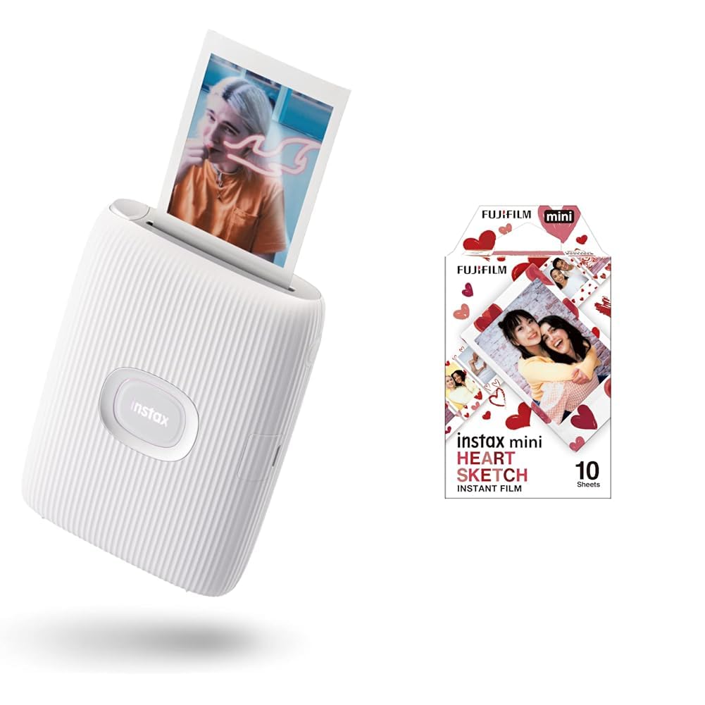INSTAX Mini LINK2 Smartphone Printer, Clay White & Mini Film Heart Sketch Clay White Bundle mit Mini