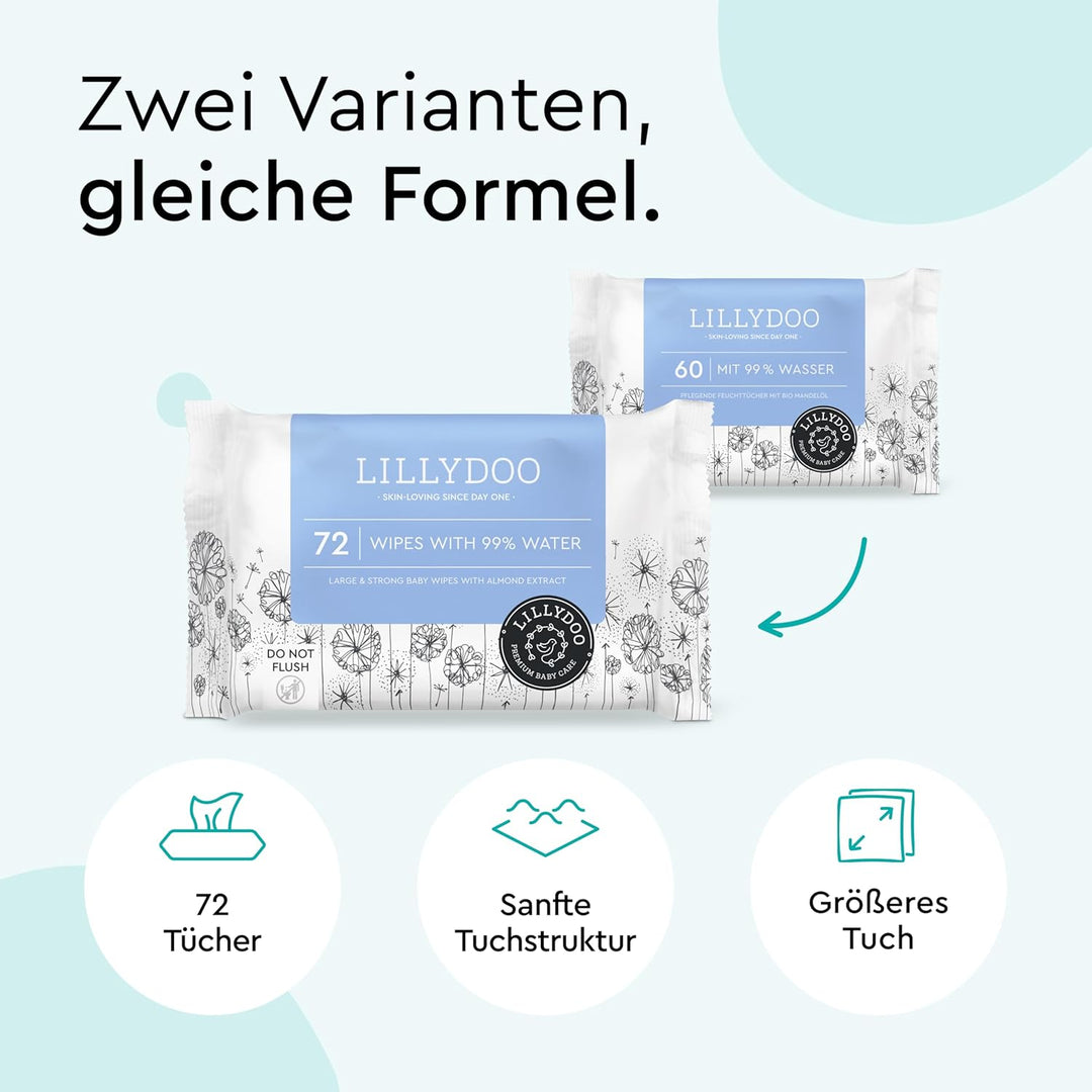LILLYDOO Baby Feuchttücher mit 99% Wasser,extra grosses Tuch, 576 Stück (8 x72), 100% plastikfrei, o