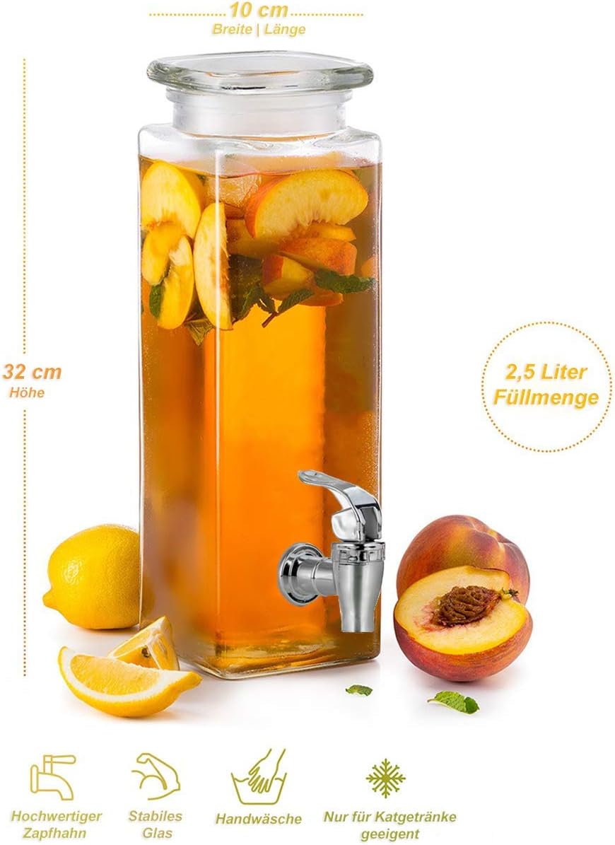 "Mary´s Kitchen Tools Eckiger Getränkespender 2,5 Liter aus Glas | mit Zapfhahn | Retro Wasserspende