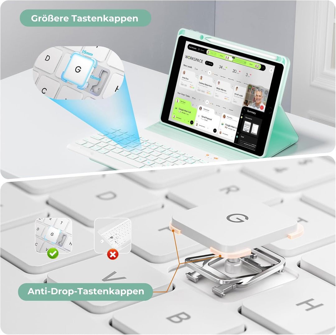 OYEEICE Hülle mit Tastatur für iPad 9/8/ 7 Generation 10,2 Zoll, Vergrösserte Anti-Falloff Tastenkap