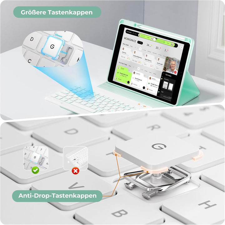 OYEEICE Hülle mit Tastatur für iPad 9/8/ 7 Generation 10,2 Zoll, Vergrösserte Anti-Falloff Tastenkap