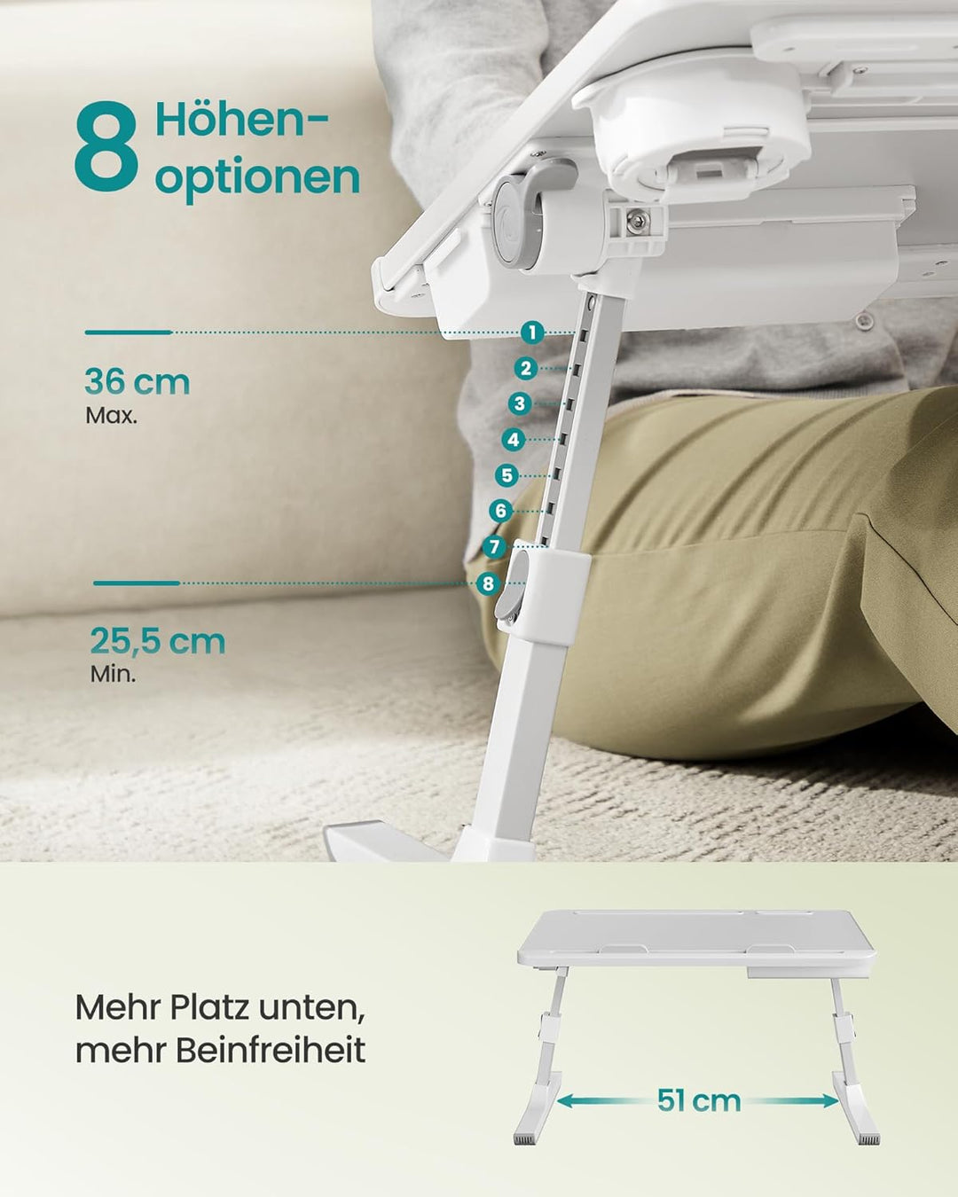SONGMICS Laptoptisch, Betttisch, Laptopständer, 56 x 40 cm grosse Tischplatte, 120° stufenlos verste