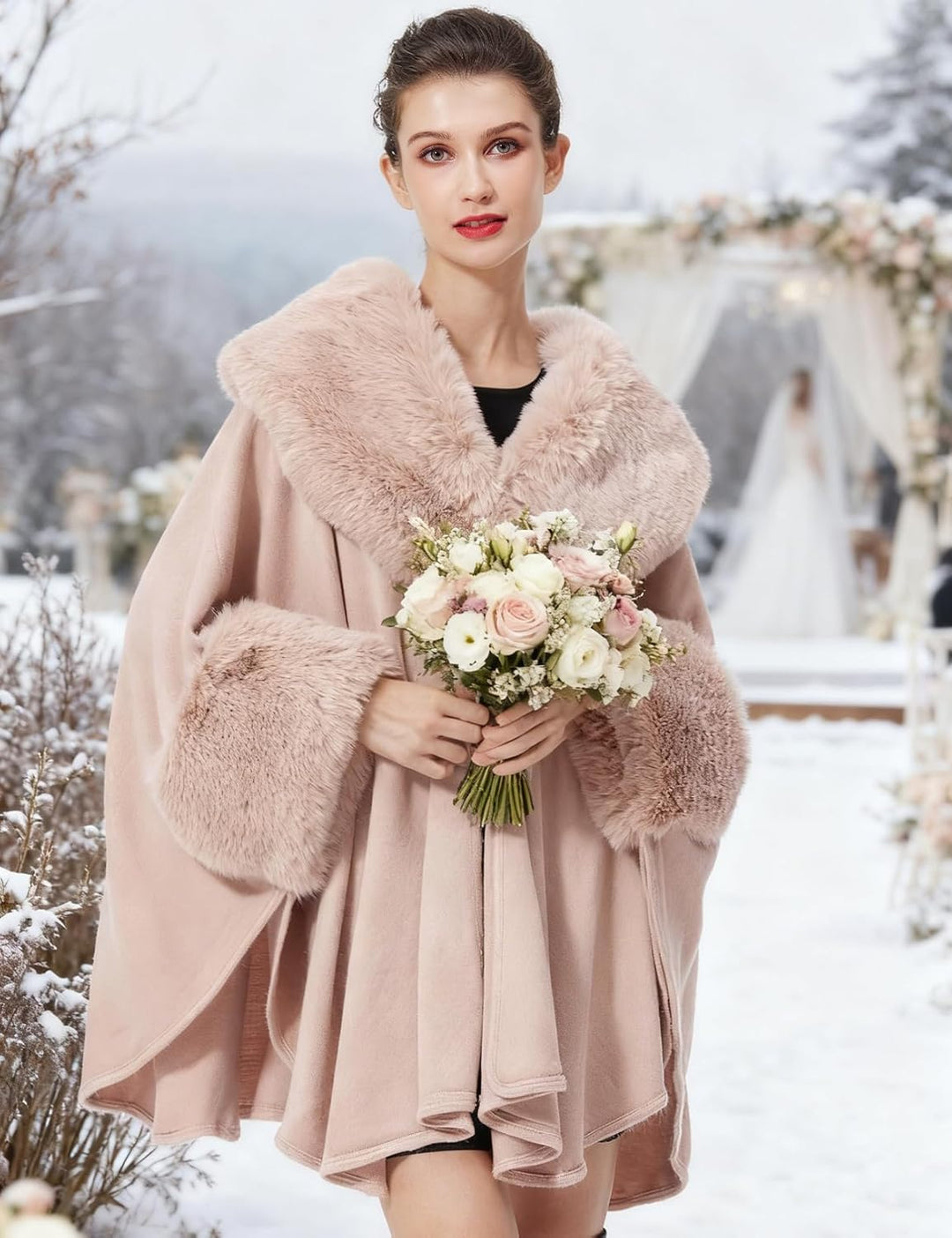 BEAUTELICATE Kunstpelz Poncho Stola Damen Umhang Cape Herbst Strickjacke Winter Mantel Mit Kunstfell