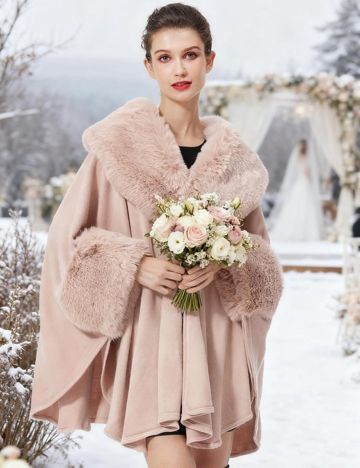 BEAUTELICATE Kunstpelz Poncho Stola Damen Umhang Cape Herbst Strickjacke Winter Mantel Mit Kunstfell