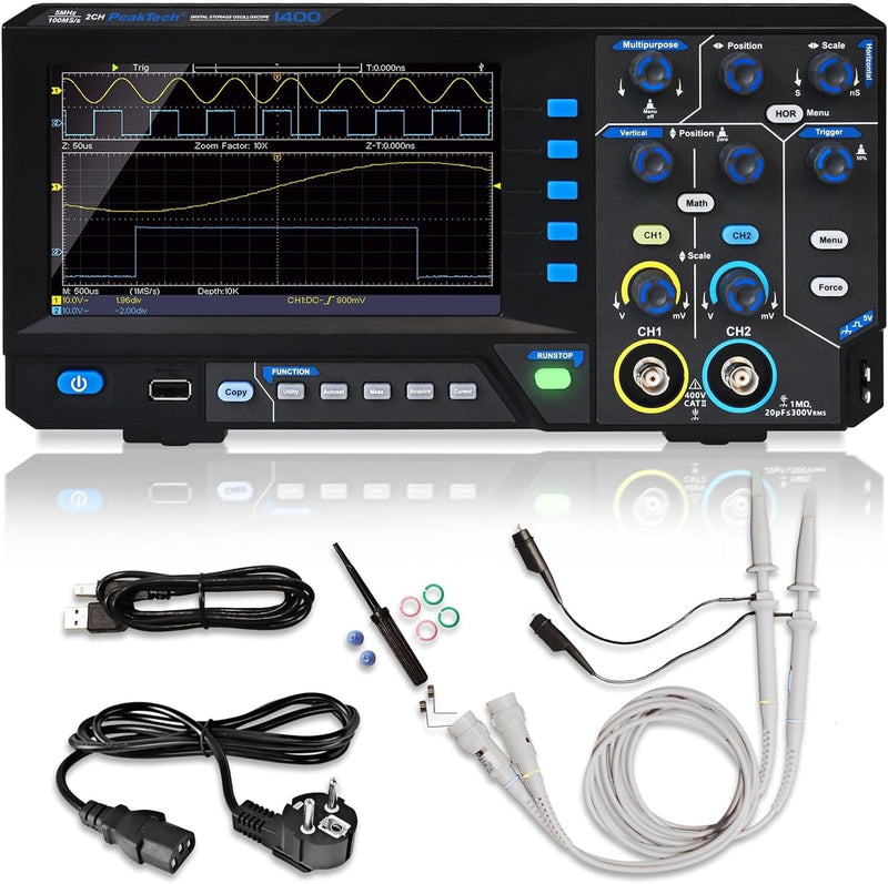 PeakTech 1400 Digital Oszilloskop, 2 Kanal, 5 MHz, 100 MS/s, USB Schnittstelle, PC Software, Schwarz