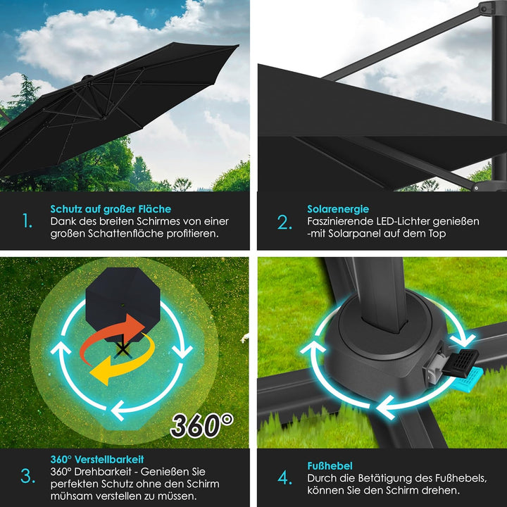 KESSER® Sonnenschirm Ampelschirm SUN Rund XL Ø330 cm Inkl. Abdeckung + Windsicherung 7-Fach Verstell