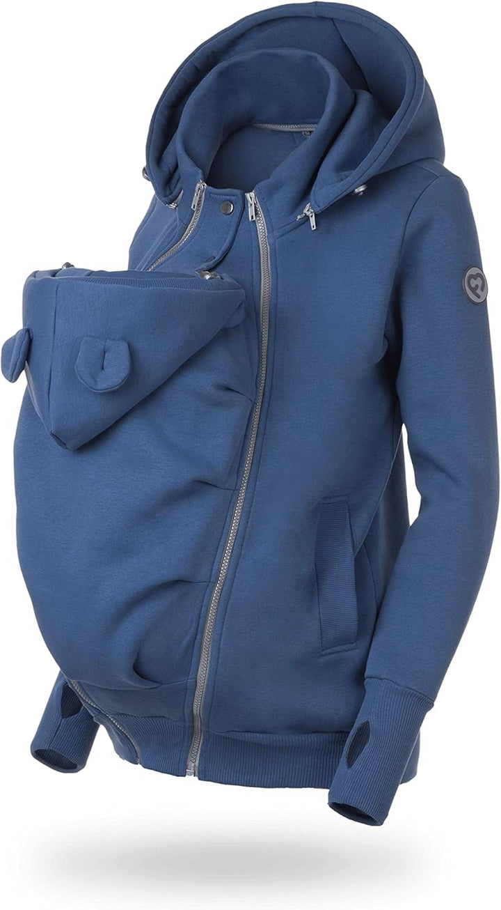 fun2bemum Pola 4in1 Baby Tragejacke für Mama Känguru Kapuze VORNE/HINTEN S Jeans Blau, S Jeans Blau