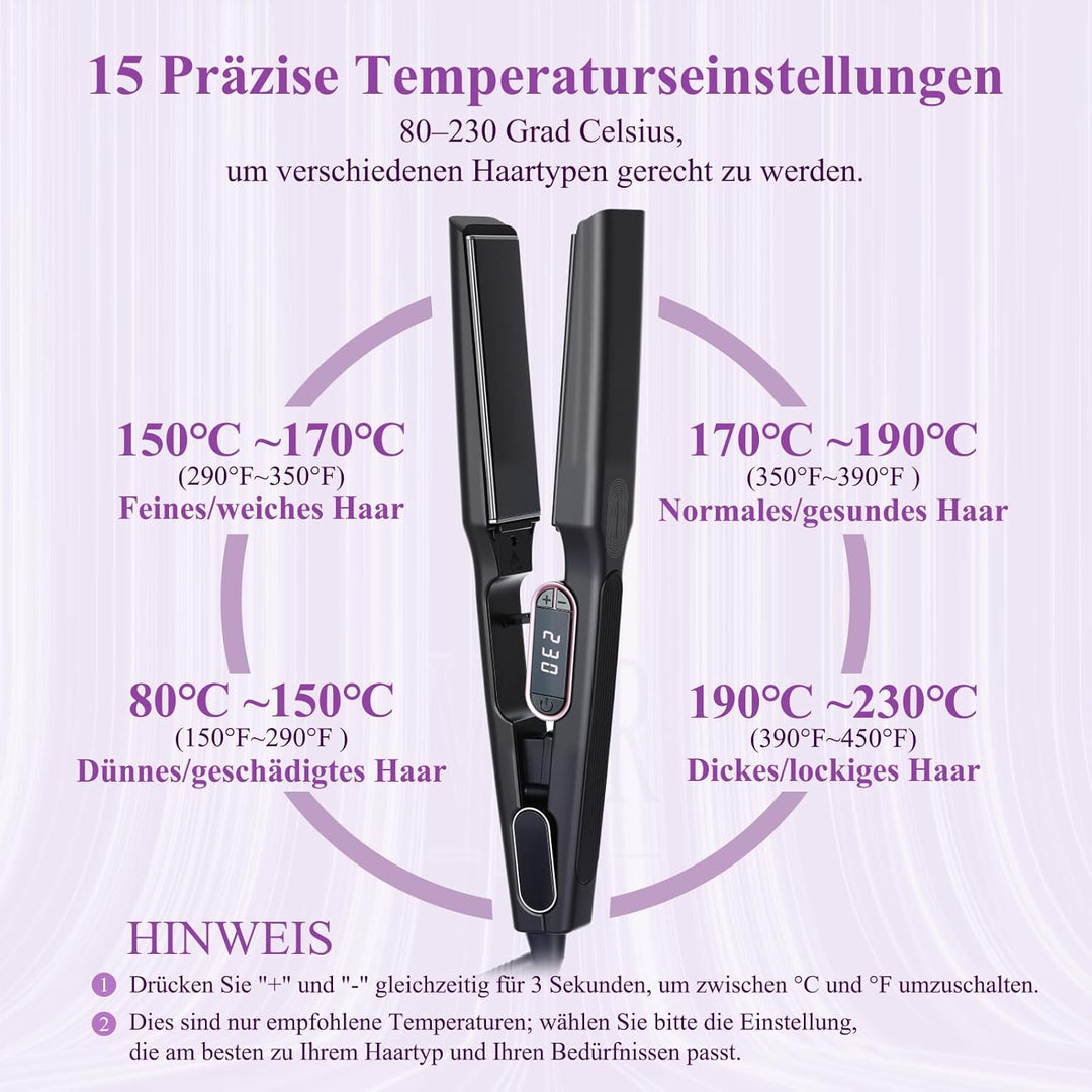 Bestauty Glätteisen 110x40mm: Breit-Keramik-Floatplatten(glatt gleiten), 15 Temperaturen (80-230℃),