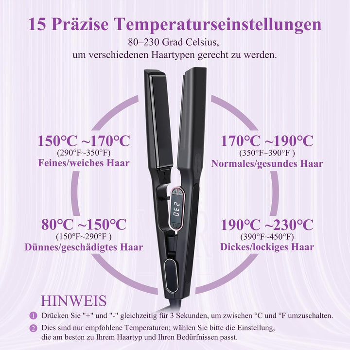 Bestauty Glätteisen 110x40mm: Breit-Keramik-Floatplatten(glatt gleiten), 15 Temperaturen (80-230℃),