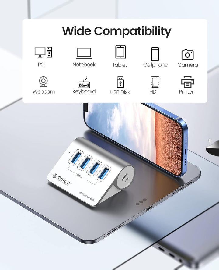 USB C Hub, ORICO 4 Port USB 3.2 Gen 2 Data Hub mit Super Speed 10Gbps, ABS USB Splitter mit 0,5M Dat