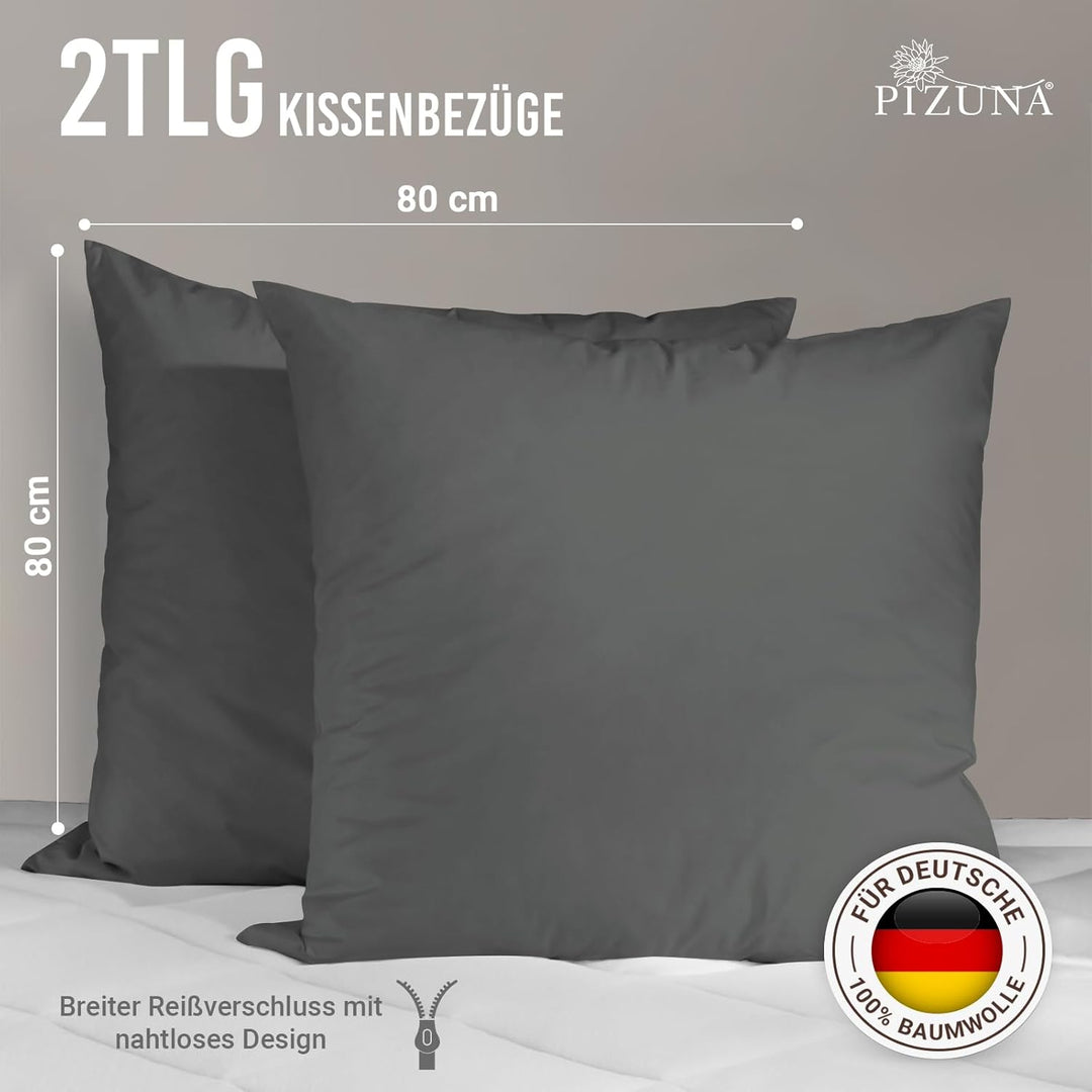 Pizuna Luxuriöser Soft-Satin 2er Pack Kissenbezug 80x80 cm Anthrazit Grau, 600 Fadenzahl Baumwolle K