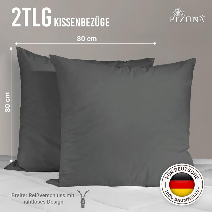 Pizuna Luxuriöser Soft-Satin 2er Pack Kissenbezug 80x80 cm Anthrazit Grau, 600 Fadenzahl Baumwolle K
