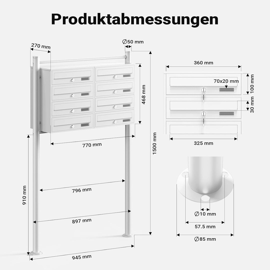 Wiltec 8er Briefkastenanlage weiss 945 x 270 x 1500 mm, Standbriefkasten mit 2x4 Fächern, Schlüssel