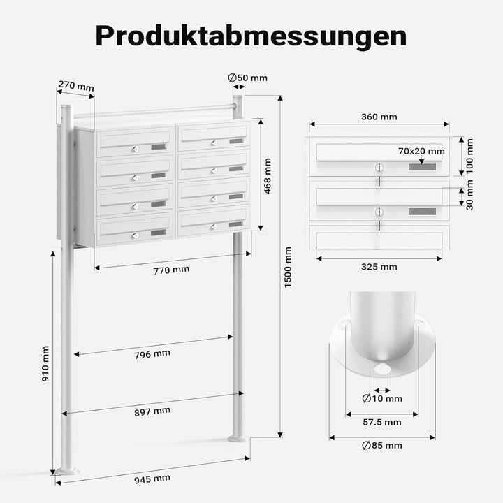 Wiltec 8er Briefkastenanlage weiss 945 x 270 x 1500 mm, Standbriefkasten mit 2x4 Fächern, Schlüssel