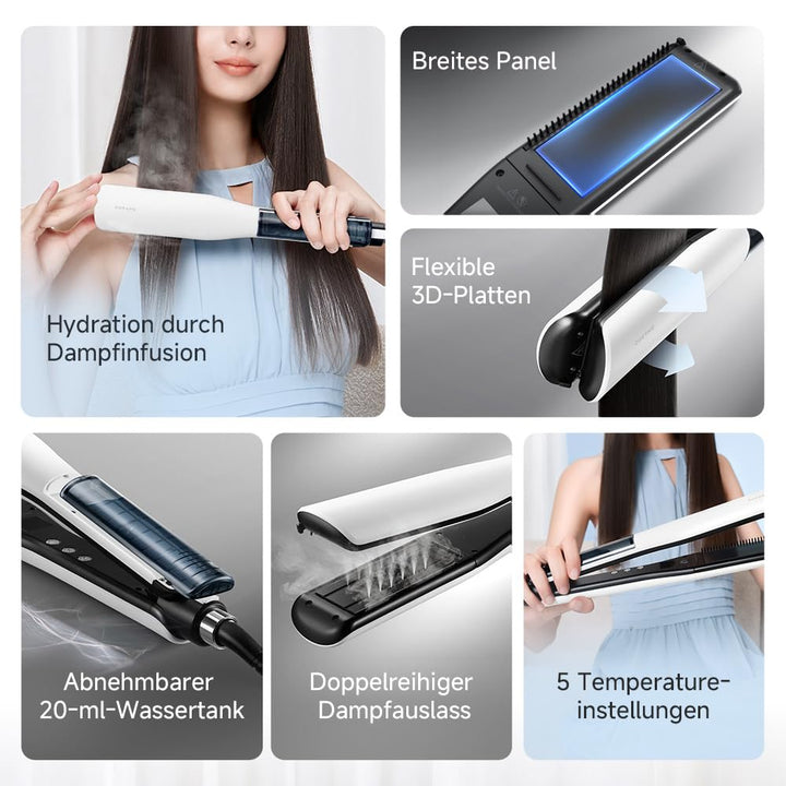 dreame AuraSteam Straight, Glätteisen, glatte und lockige Frisuren, vergrössertes Panel, flexible 3D