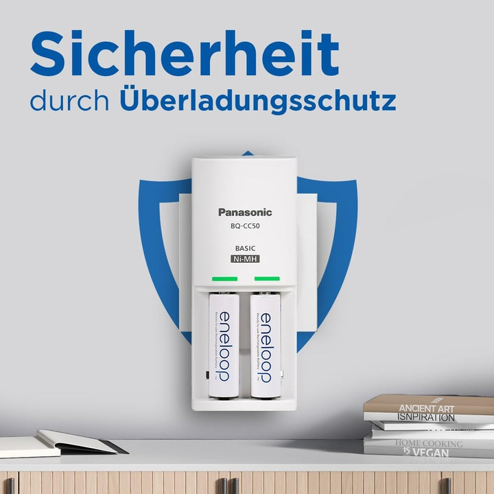 Panasonic eneloop Compact Ladegerät für 1–2 AA/AAA NI-MH-Akkus, mit 2 LED-Anzeigen und 6 Sicherheits