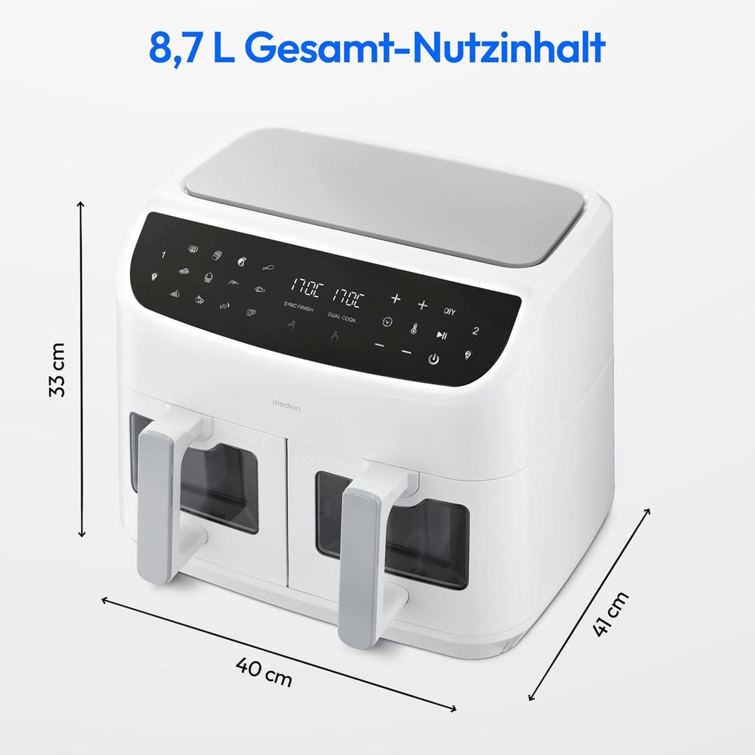 MEDION P20 XXL Heissluftfritteuse mit 2 Kammern (8,7 Liter, Airfryer, 2.600 Watt, Doppelkammer, 10 A