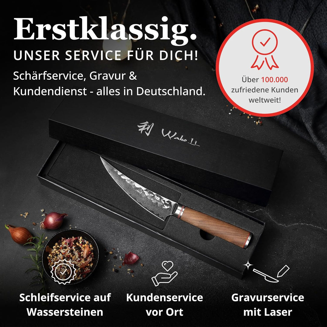 Wakoli Nussbaum Damast Ausbeinmesser Scimitar I Damast Küchemesser mit 16 cm Klinge gefertigt aus Da