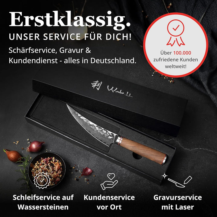 Wakoli Nussbaum Damast Ausbeinmesser Scimitar I Damast Küchemesser mit 16 cm Klinge gefertigt aus Da