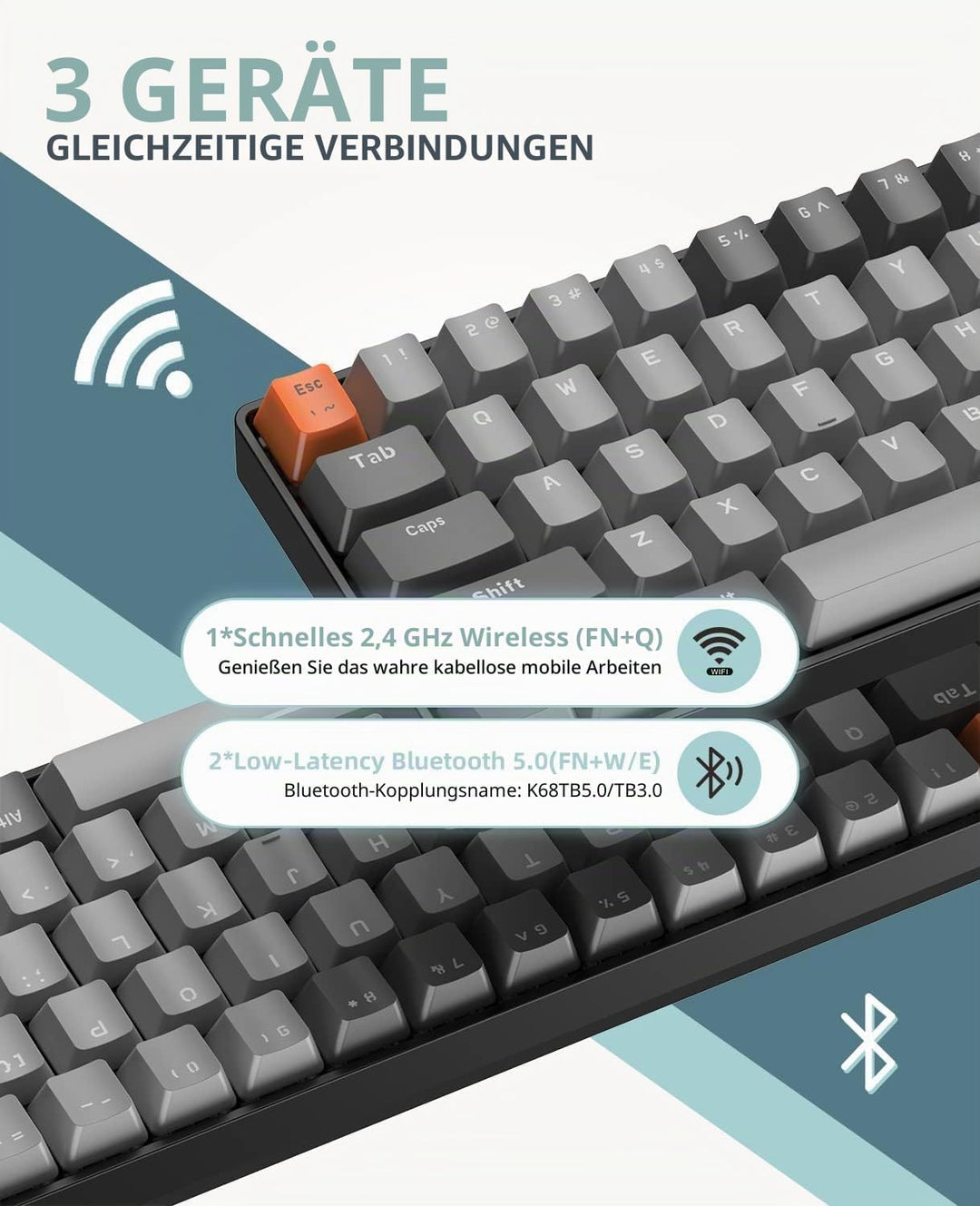 YINDIAO K68 60% Kabellose Mechanische Gaming Tastatur,Bluetooth 5.0/2,4 GHz,Kompakte 68 Tasten Mini
