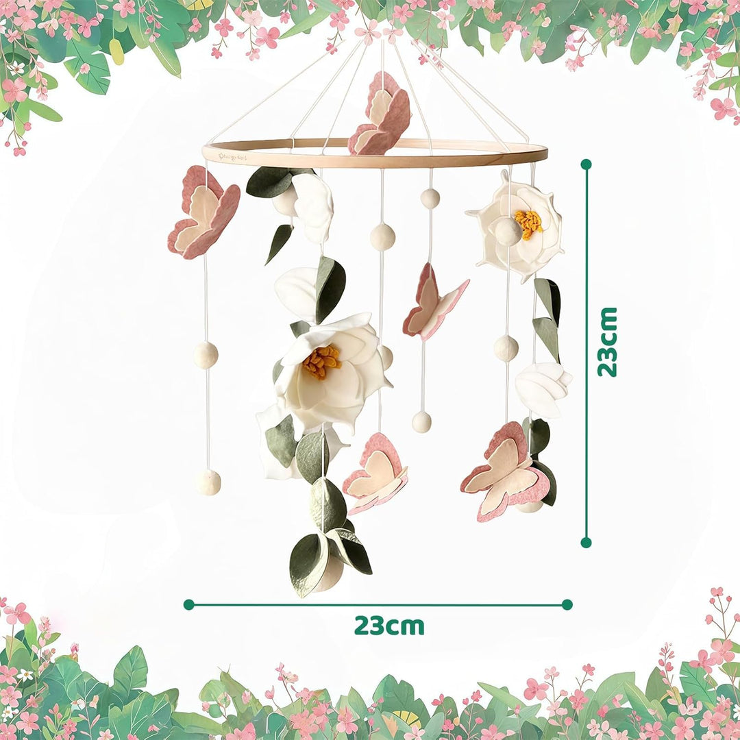 Hängedeko Blumen & Schmetterlinge aus Filz, Boho Mobile Deko mit Holzring, Wand- & Fensterdekoration