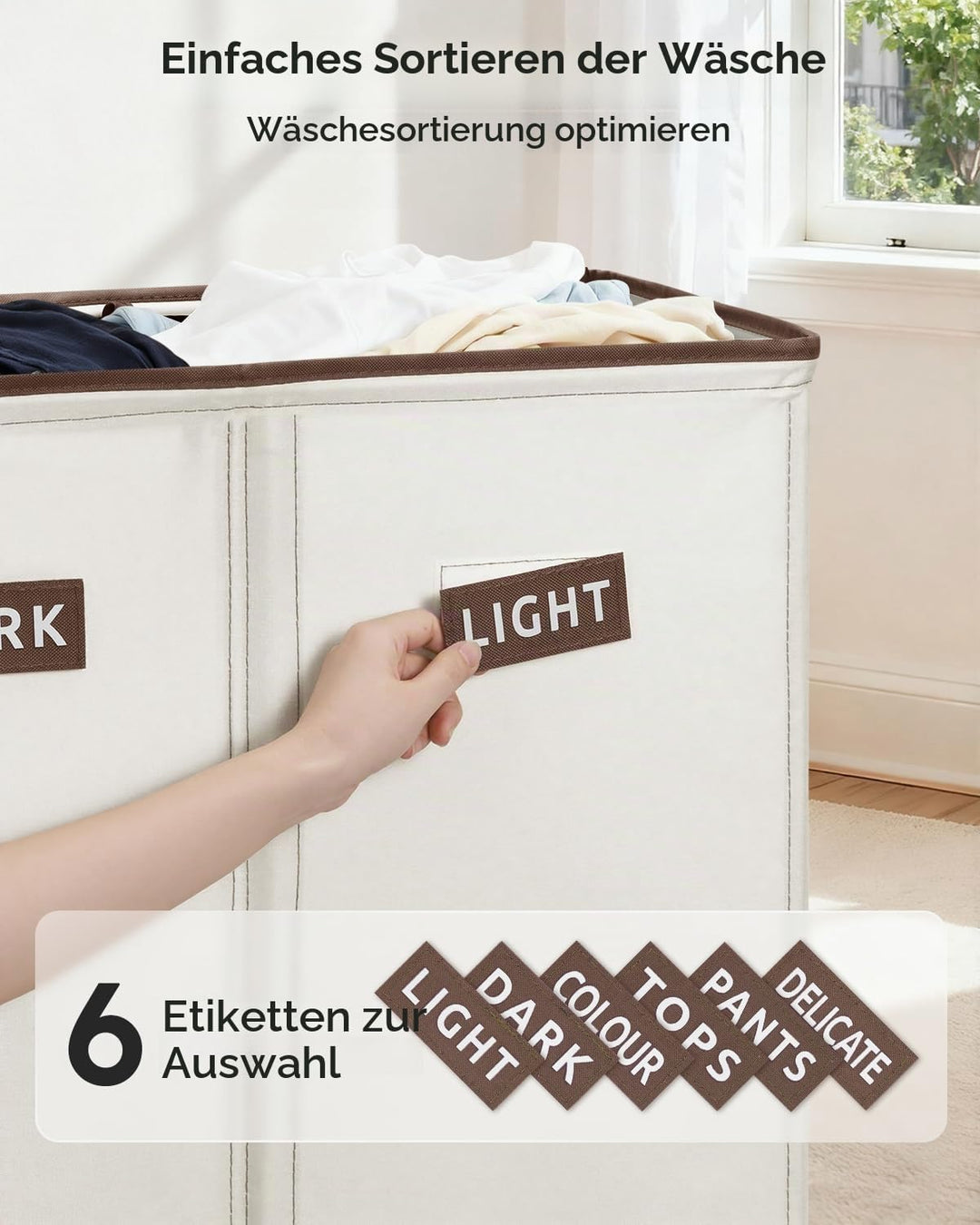 SOLEDI 200L Wäschekorb, Wäschesammler 3 fächer mit Deckel und 3 Wäschesack - Wäschesortierer Gross X