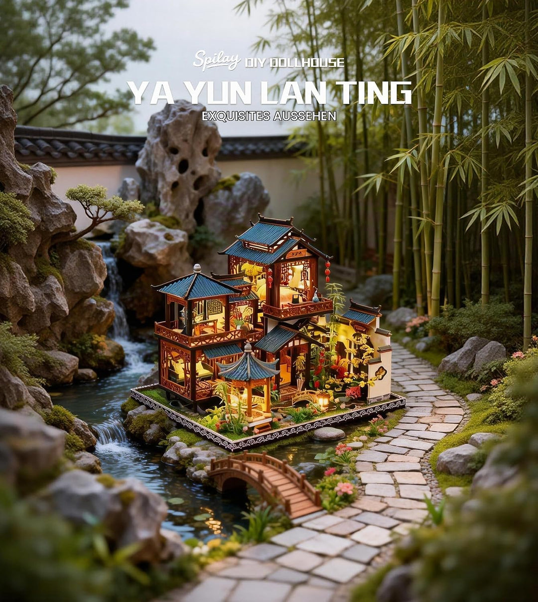 Spilay DIY Miniature House, Chinesisches Gartenhaus Miniatur Puppenhaus mit Musikbox &amp; Staubschutzha