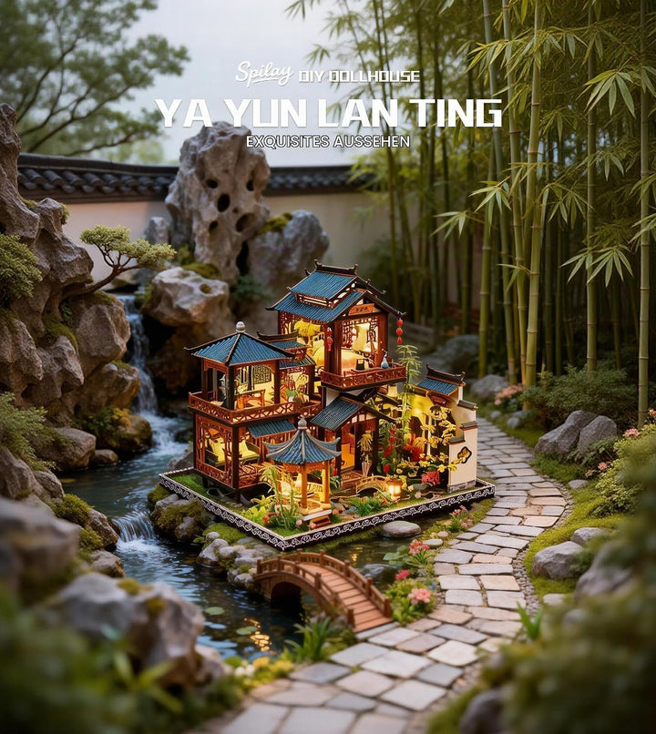 Spilay DIY Miniature House, Chinesisches Gartenhaus Miniatur Puppenhaus mit Musikbox &amp; Staubschutzha