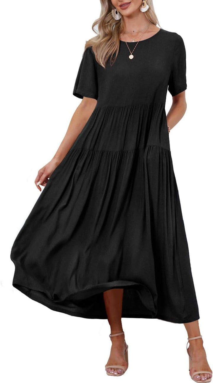 YESNO Damen Kleider Freizeit Lose Sommerkleid Lang Boho Maxikleid für Rundhals Strandkleid Blumenkle