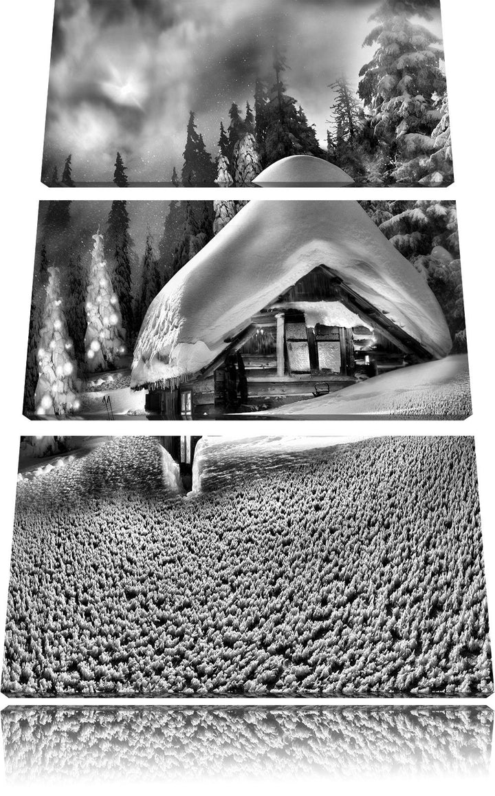 Pixxprint Hütte in Schneelandschaft als Leinwandbild/Grösse: 3 Teilig (120x80 cm) cm/Wandbild/Kunstd