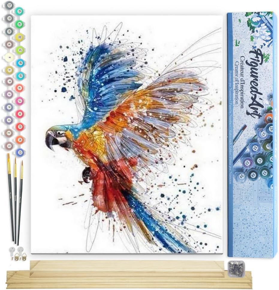 Figured'Art Malen Nach Zahlen Erwachsene Mit Rahmen Papagei in vollem Flug - Paint by Numbers Bastel