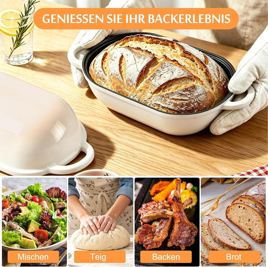 Gusseisen Brotbackform mit Deckel, 28 cm Emaille Gusseisen Topf Brot Backen, Bräter mit Deckel 5,5 L