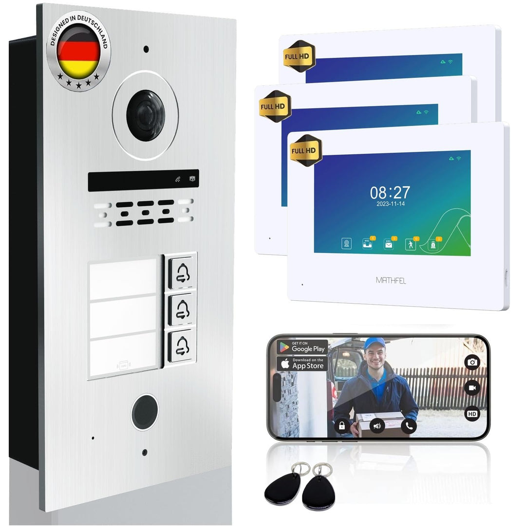 Mathfel 2 Draht Video Türsprechanlage 3-Familienhaus Fingerprint Full HD Fischaugenkamera 1080p mit