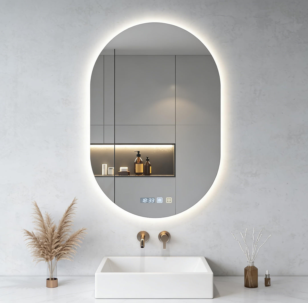 Viugreum Badspiegel mit Beleuchtung 50x75cm, Oval LED Badezimmerspiegel, Dimmbar 3 Lichtfarbe, Entfo