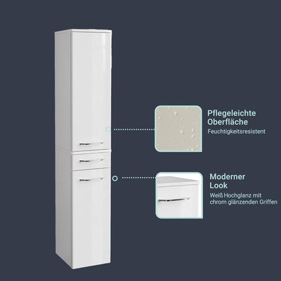 FACKELMANN Milano Hochschrank mit 2 Türen und 1 Schublade – Schrank fürs Badezimmer (30,5 cm x 165,5