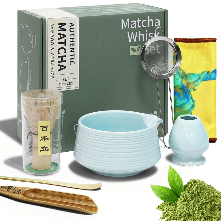 Matcha Tee Set – Matcha Besen Set mit Schneebesen, Besenhalter, Keramik Matcha-Schale, 2 Teelöffel –