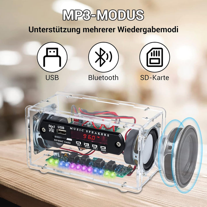 Elektronik Löt Bausatz Radio FM Bluetooth-Lautsprecherkit Erwachsene, 3W+3W Musikspieler mit LED Kla