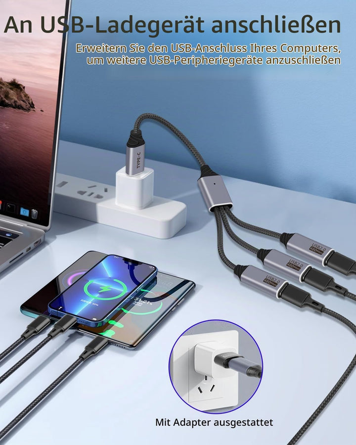 USB C Splitter 3 Port 1 Stecker auf 3 Buchse, 1 in 3 Ausgang USB C Extender Hub Daten und Stromverso