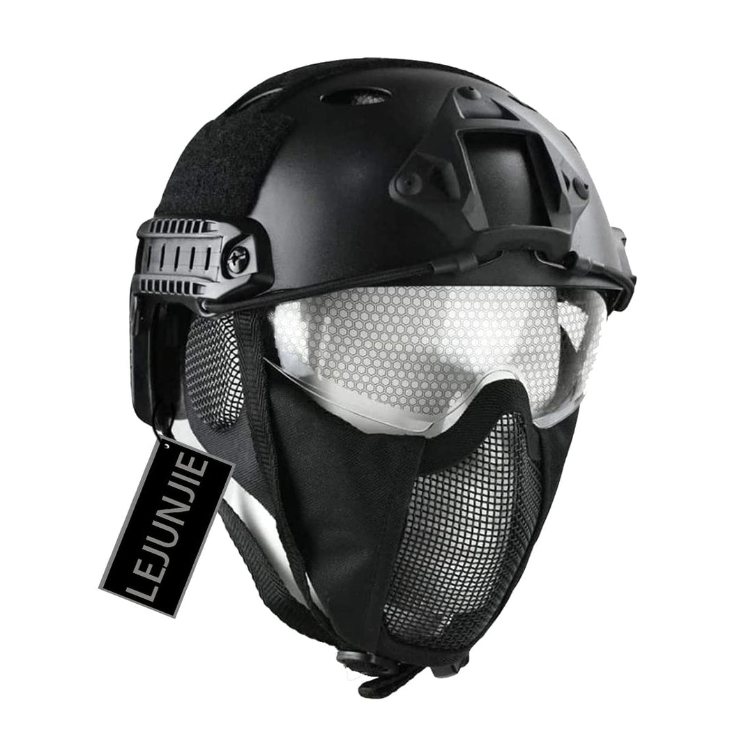 PJ Typ Tactical Multifunktionaler Airsoft Fast Helm mit Faltbarem Gehörschutz Stahlnetz Maske und Sc