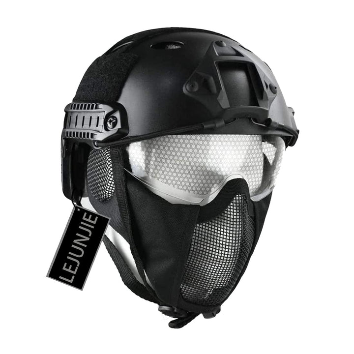PJ Typ Tactical Multifunktionaler Airsoft Fast Helm mit Faltbarem Gehörschutz Stahlnetz Maske und Sc