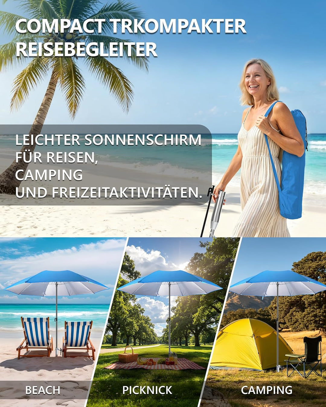 4smile Sonnenschirm Strand Ø 180 cm SET mit Eindrehbodenhülse, Blau | Strandschirm Windfest Stabil m