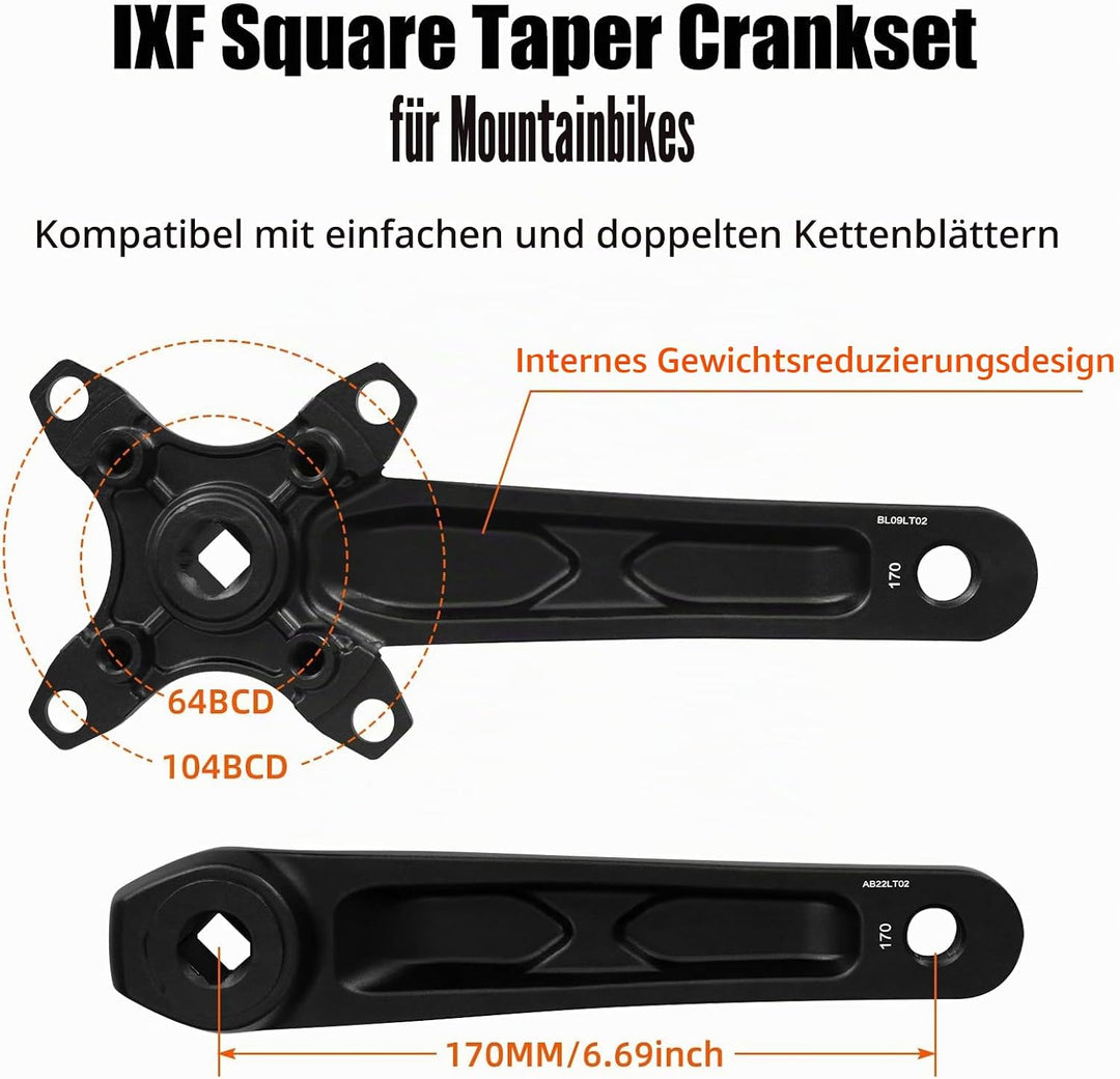 Mountainbike 170 mm Vierkant-Kurbelgarnitur mit 104 BCD 32/34/36/38T Kettenblatt, MTB-Kurbel aus Alu