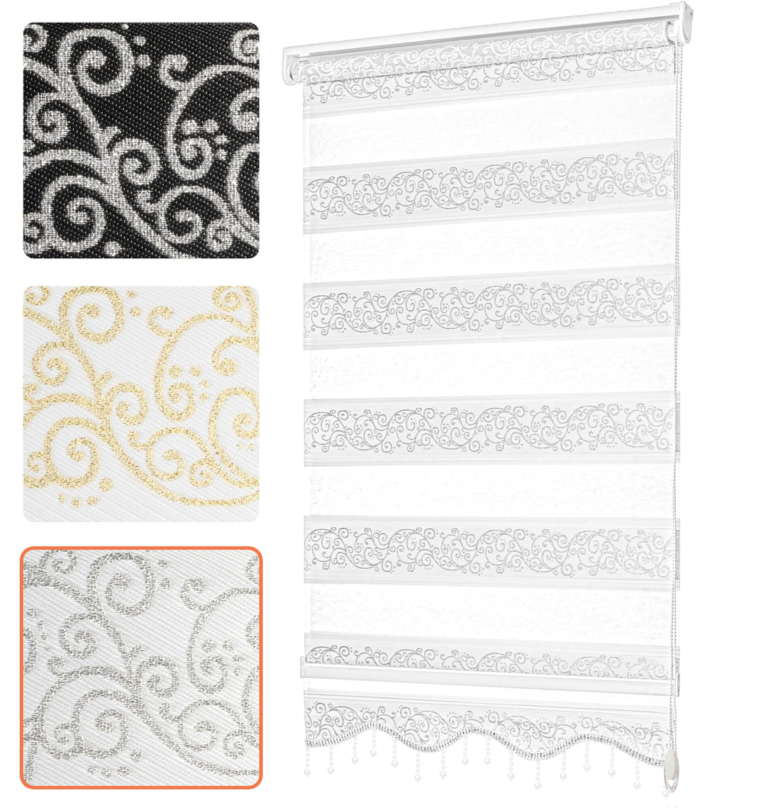 Doppelrollo Klemmfix ohne Bohren - 4in1 Duo Rollo mit Muster Weiss Silber Glitzernd 50x200cm - Ranke