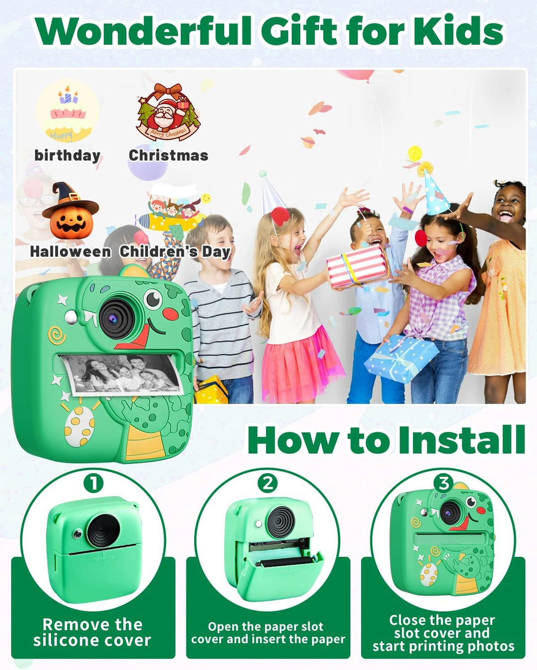 CHRERNA Sofortbildkamera Kinder, Kinderkamera Kompaktkameras Sofortdruck von Fotos, 1080P HD Kamera