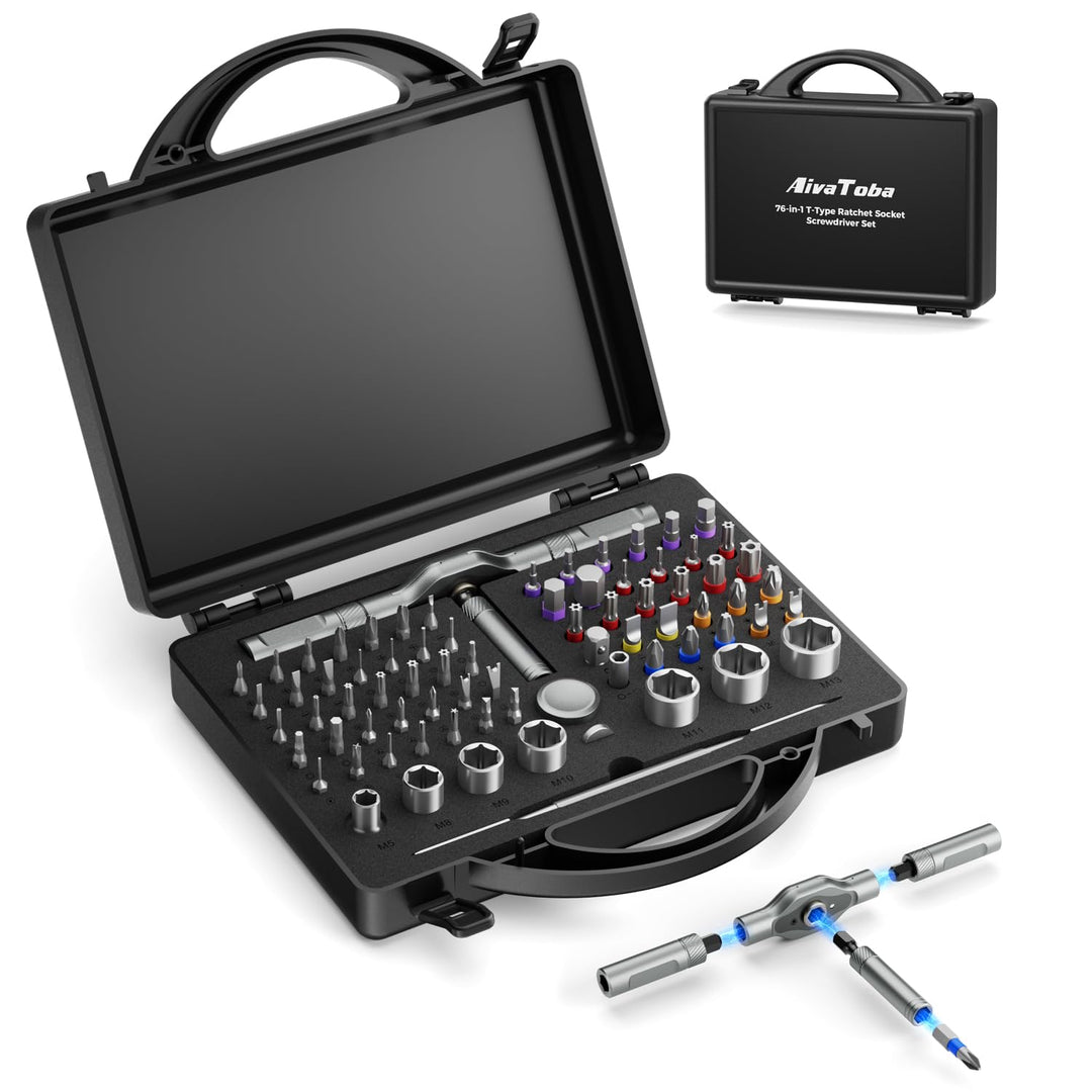 AivaToba Ratschenschraubendreher Set 76 in 1 Profi, S2 & 45# Stahl Bits mit T-Griff, Inkl. 7 Stecksc