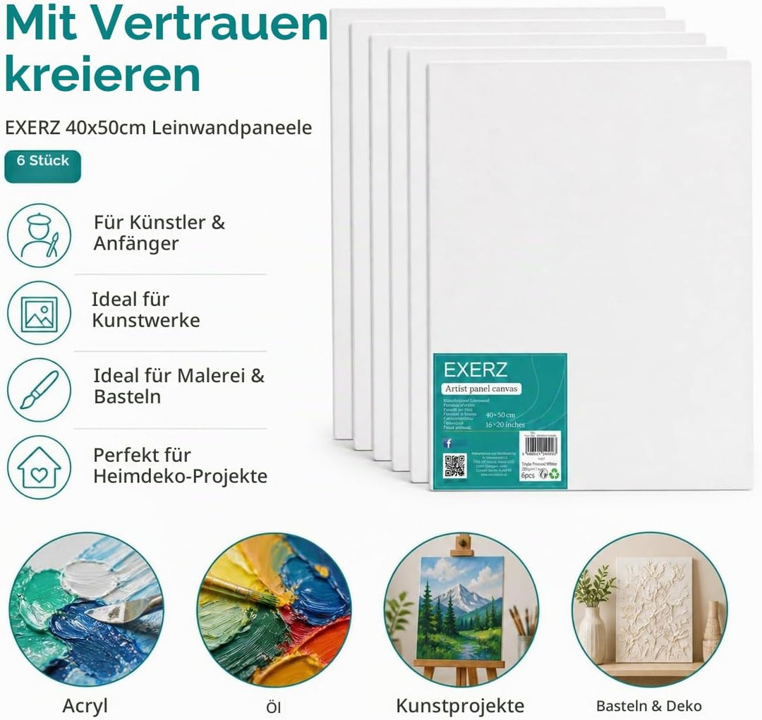 EXERZ 40x50cm Malkarton/Leinwand-Panele 6 Stück 0.3cm dick/Kunstleinwandtafel / 280GSM/ Vorgespannt