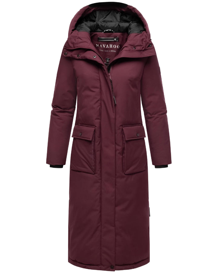 Navahoo Damen Wintermantel warmer Mantel extralang mit Kapuze Wolkenfrost XIV XS-XXL XS Wine, XS Win