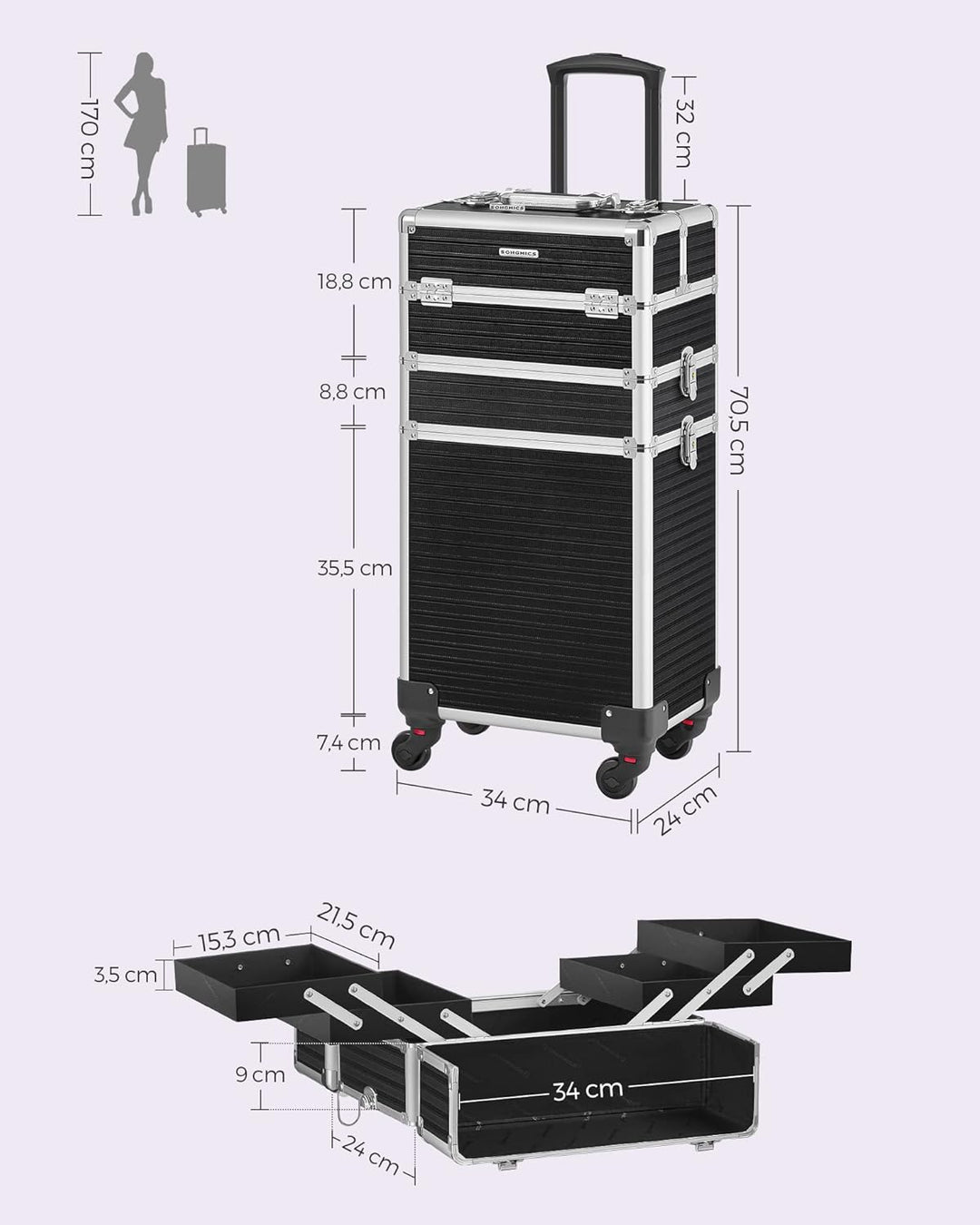 SONGMICS Kosmetikkoffer, Trolley, 3-in-1 Schminkkoffer, extra gross, Friseurkoffer, 34 x 24 x 70,5 c